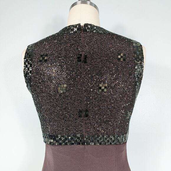 Vintage Oleg Cassini Beaded Maxi Dress Evening Gown 8 Brown Gold Sheath Guest - Picture 7 of 10